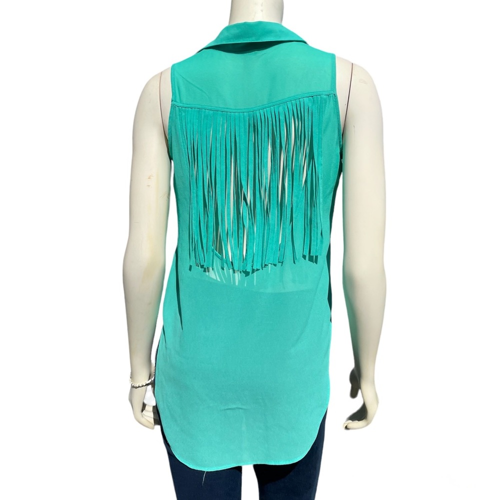 Foreign Exchange sleeveless mint green shirt with fun fringe in the back size S